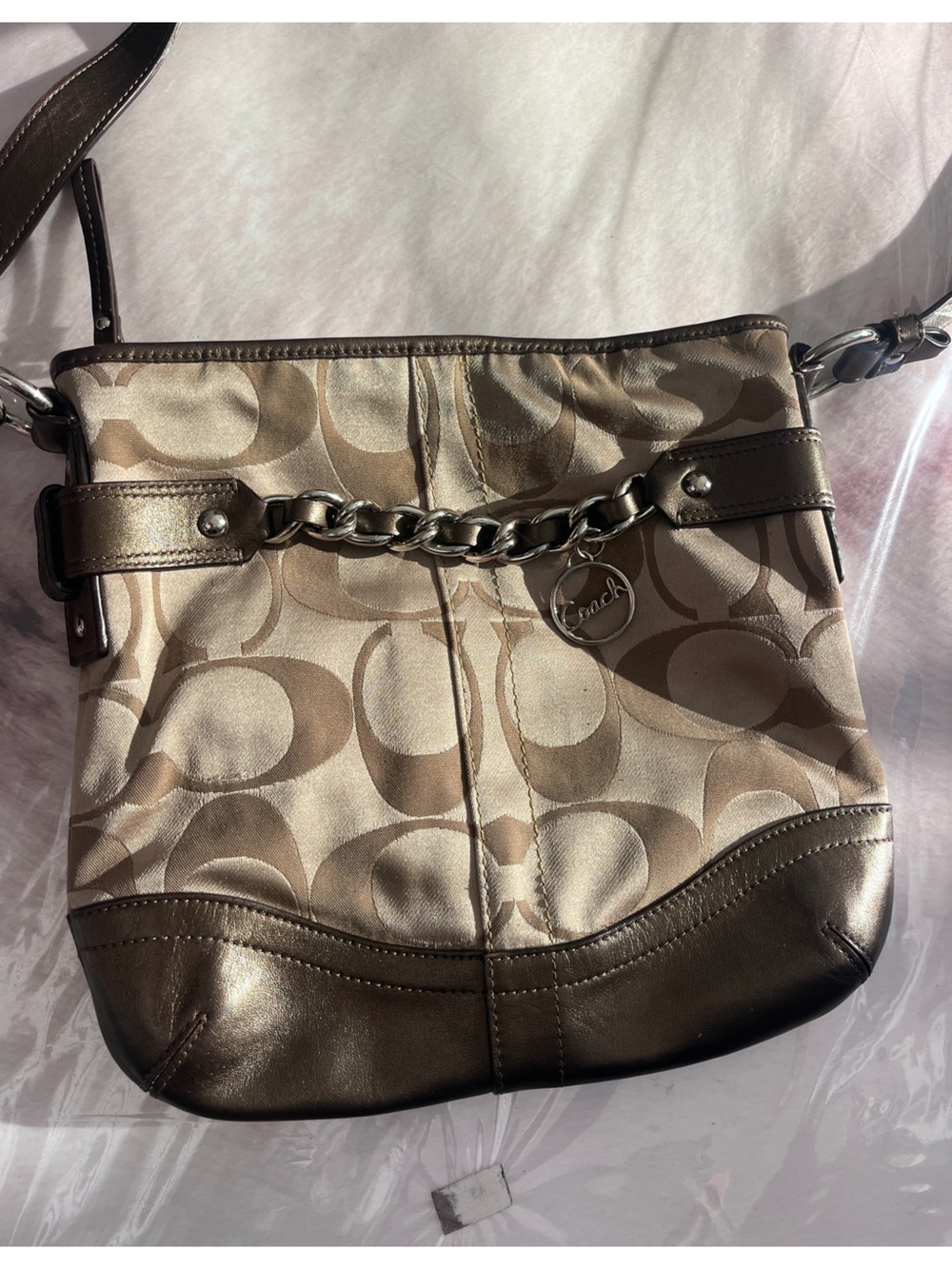 Coach Metallic Tan and Cream Signature Chain Shoulder Bag